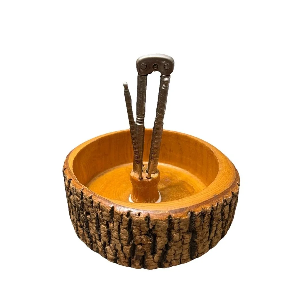 Vintage Nut Rustic Bark Wood Bowl With 4 Nut Picks & Nut Cracker Rustic MCM